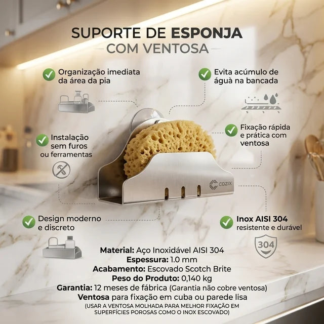 Porta-Esponja com Ventosa em Inox 304 Escovado - COZIX