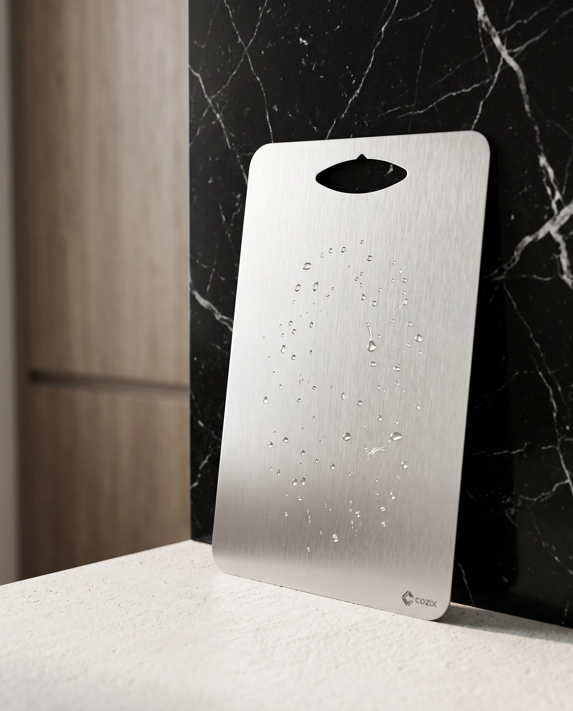Tábua Gourmet Cozix em aço inox escovado apoiada em bancada de mármore preto