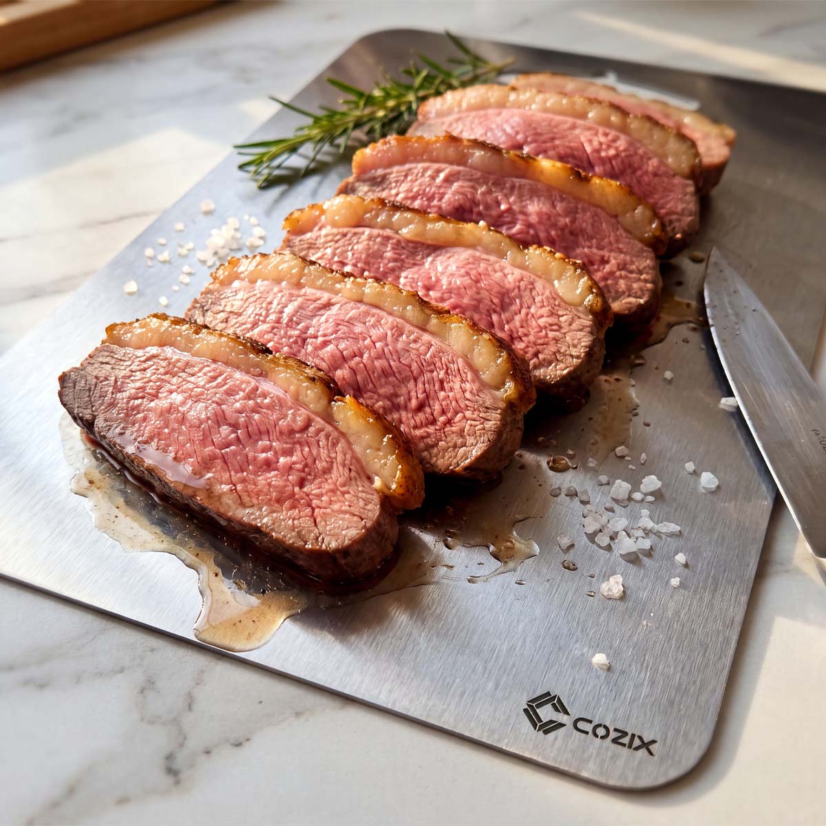 Picanha fatiada sobre a Tábua Gourmet Cozix em aço inox escovado