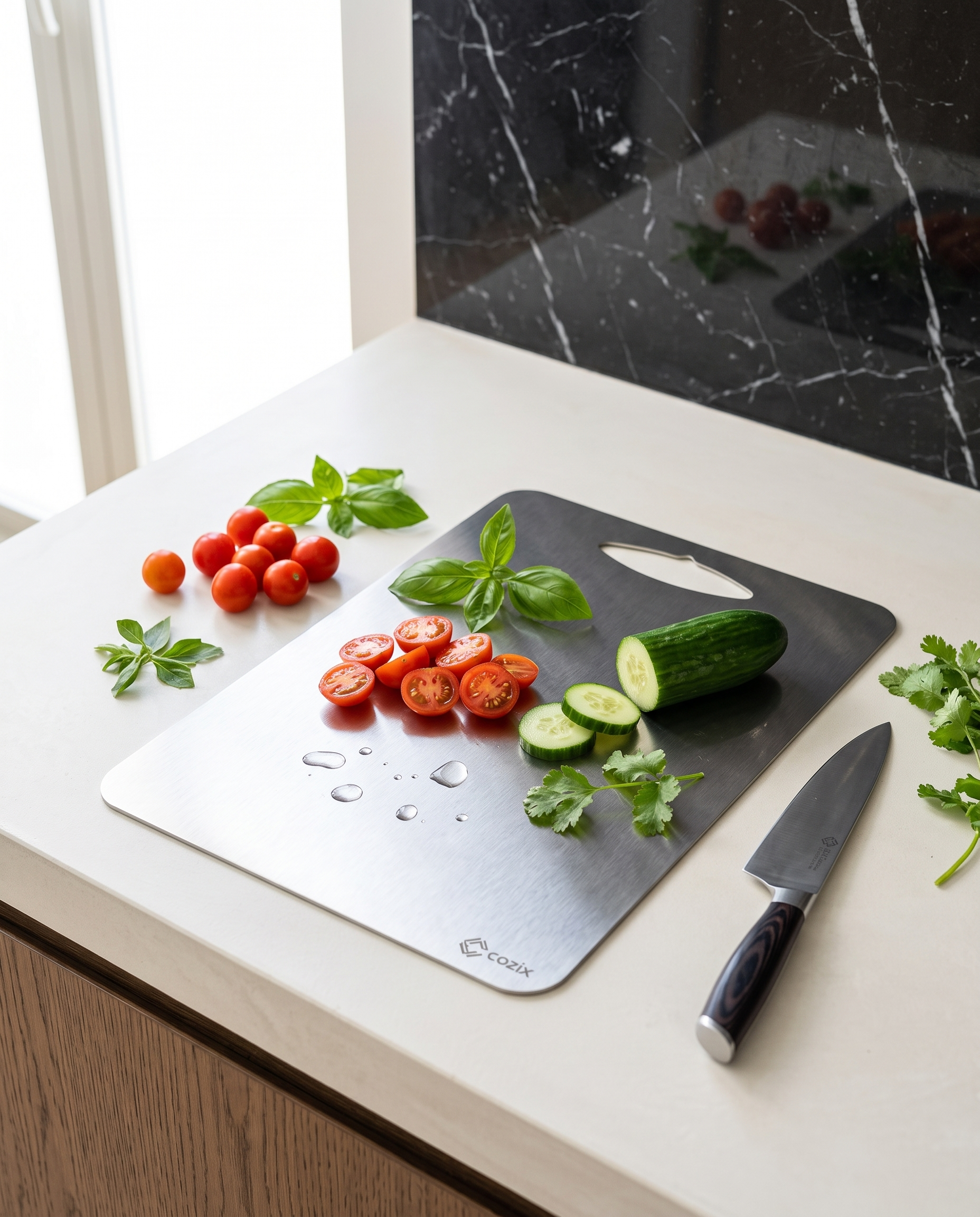 Preparo de tomates, pepino e ervas sobre a Tábua Gourmet Cozix de inox
