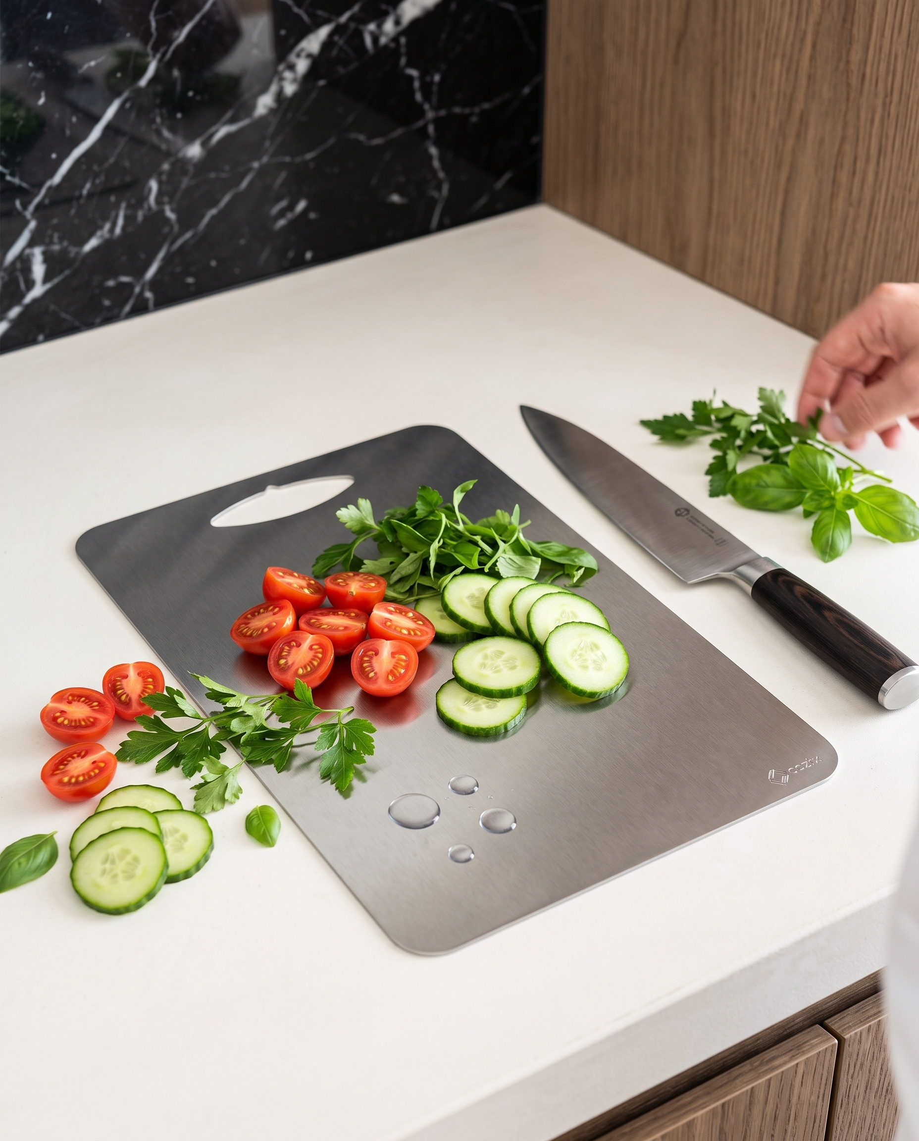 Preparo de legumes sobre a Tábua Gourmet Cozix